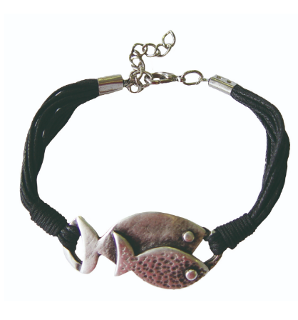 BRACELET SUR CORDE + POISSONS EN MÉTAL ARGENTÉ – NOIR