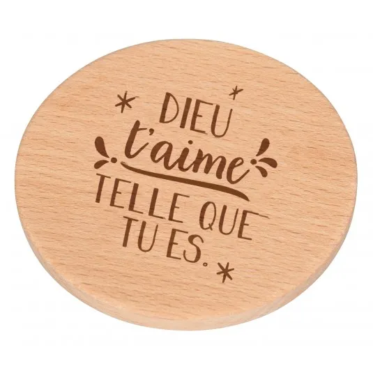 Miroir de poche en bois « Dieu t'aime telle que tu es »
