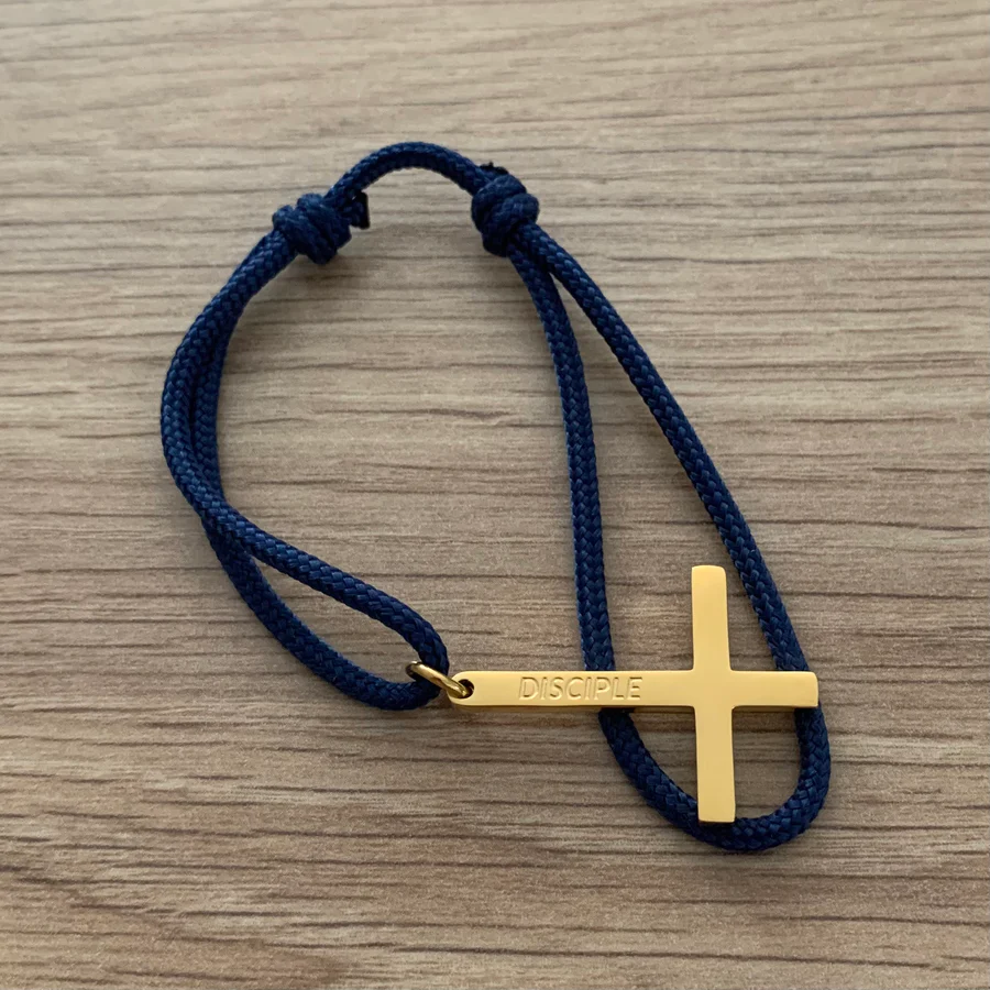 Bracelet "Disciple" homme croix dorée cordon marine