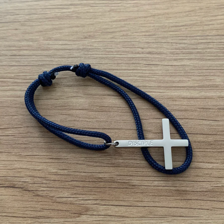 Bracelet "Disciple" homme croix argentée cordon marine