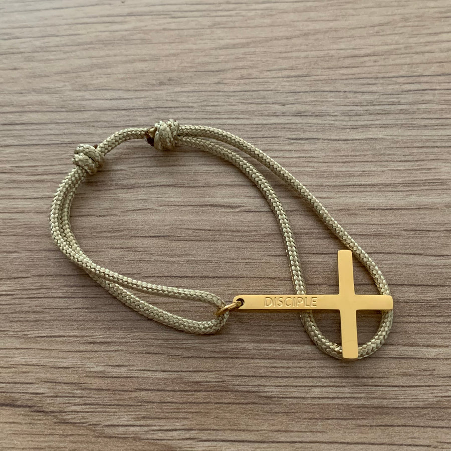 Bracelet "Disciple" femme croix dorée cordon beige