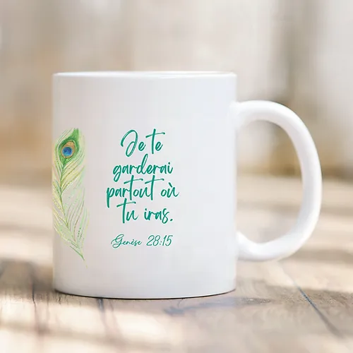 Tasse plume "Je te garderai partout où tu iras" Genèse 28.15