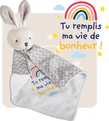 Doudou lapin "Tu remplis ma vie de bonheur"