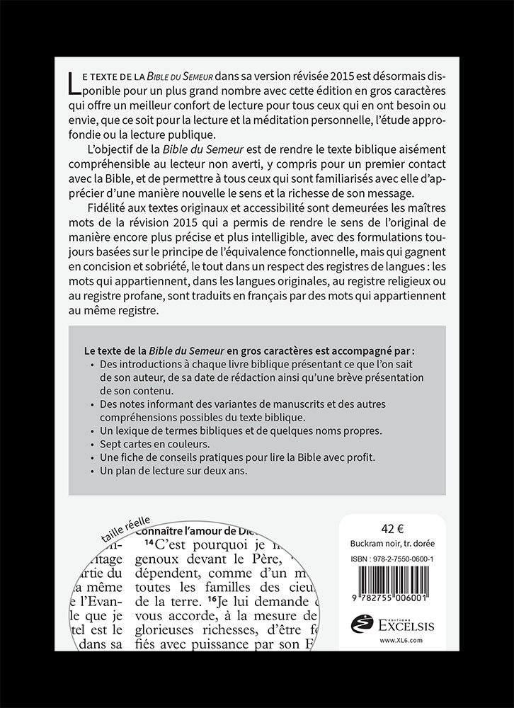 Bible Semeur 2015, gros caractères, noire, semi-souple textile, tranche dorée
