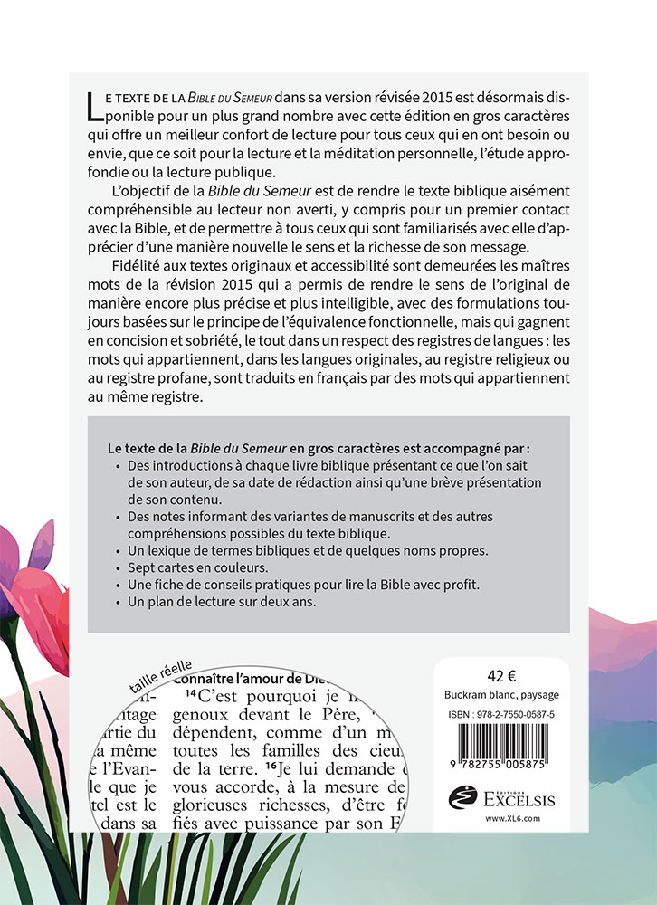 Bible Semeur 2015, gros caractères, blanche illustrée, semi-souple textile, tranche dorée