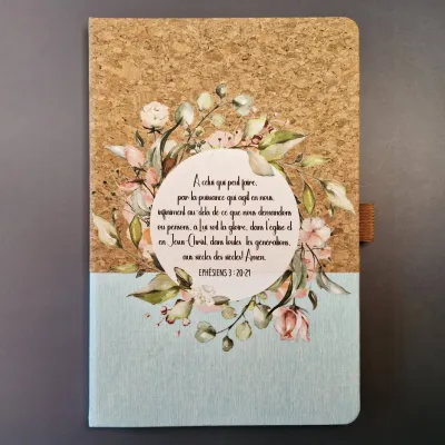 Carnet de notes Ephésiens 3: 20-21 - A5 liège et toile vert clair