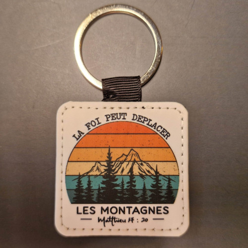Porte-clés imprimé, carré, cuir synthétique - "La foi peut déplacer les montagnes." Matthieu 17: 20