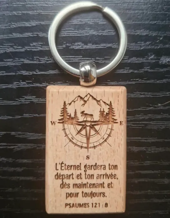 Porte clé rectangle bois Ps121:7-8