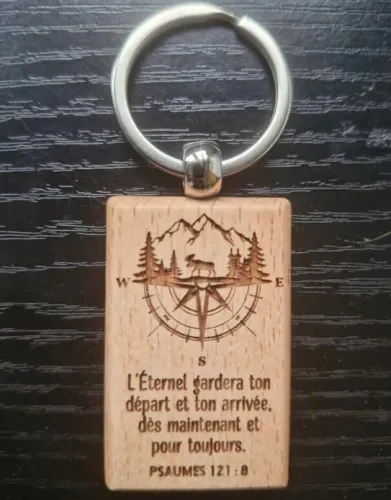 Porte clé rectangle bois Ps121:7-8