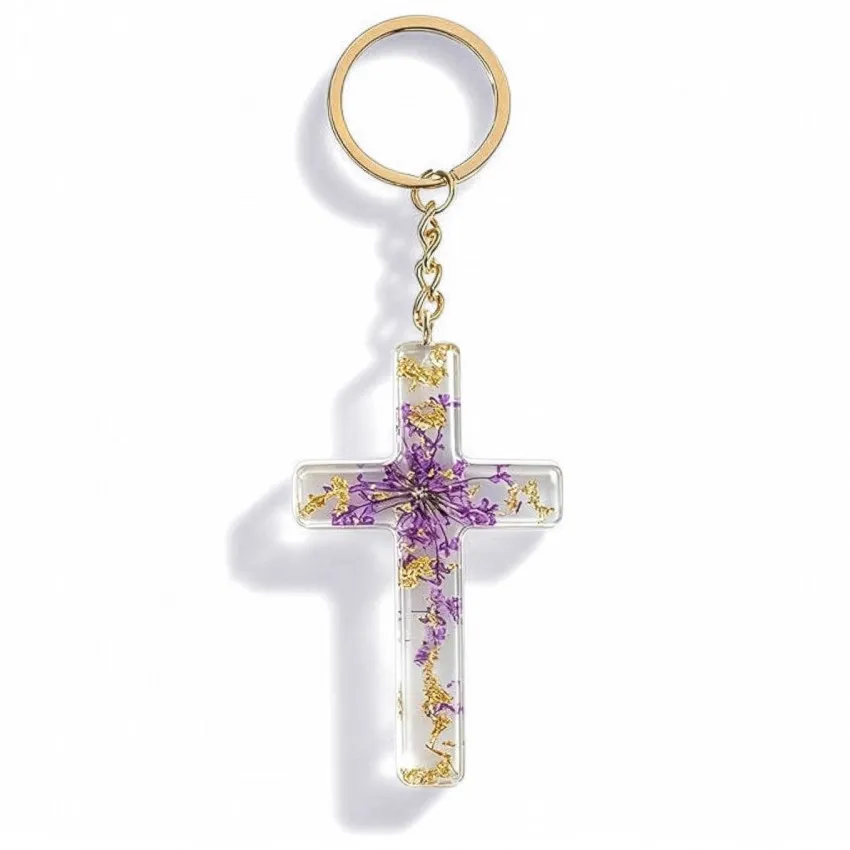 Porte-clé croix avec inclusions de fleurs - violet