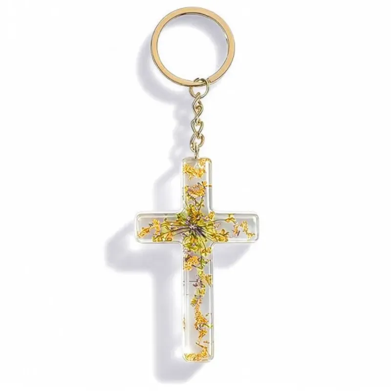 Porte-clé croix avec inclusions de fleurs - jaune