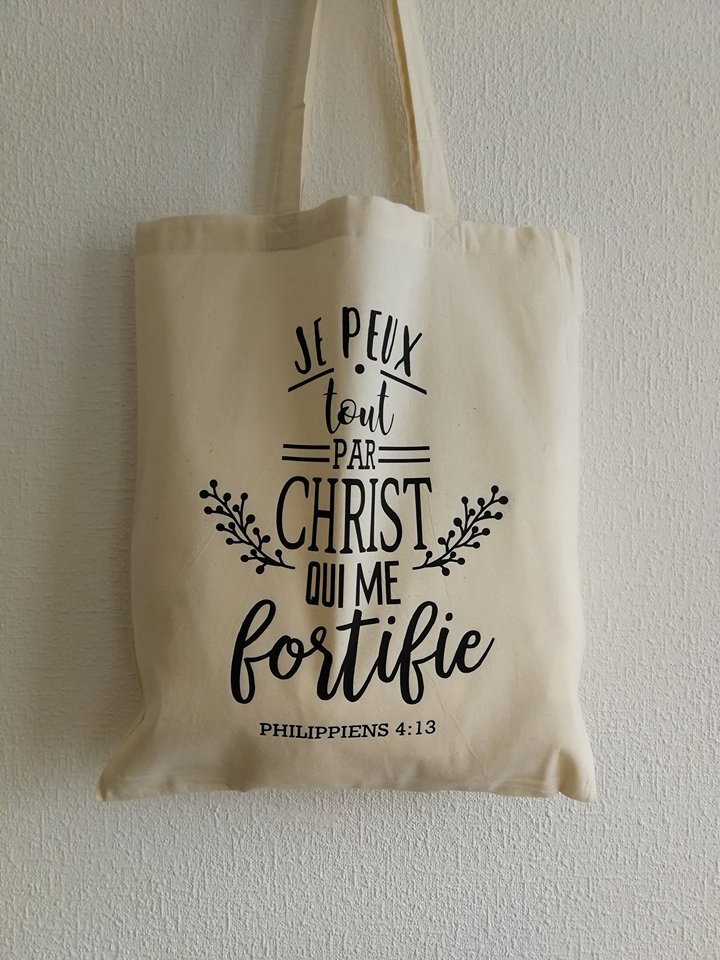 Tote bag "Je peux tout par Christ […]" Philippiens 4:13 - diverses couleurs
