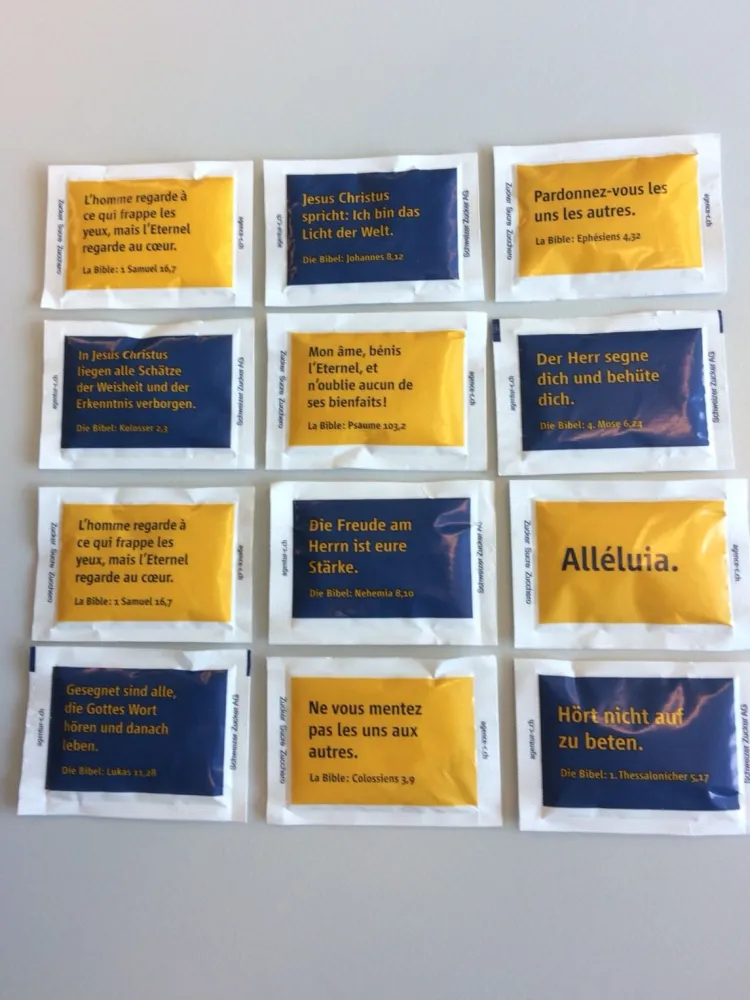 Sucre en poudre - Carton de 1000 sachets avec versets bibliques français/allemand