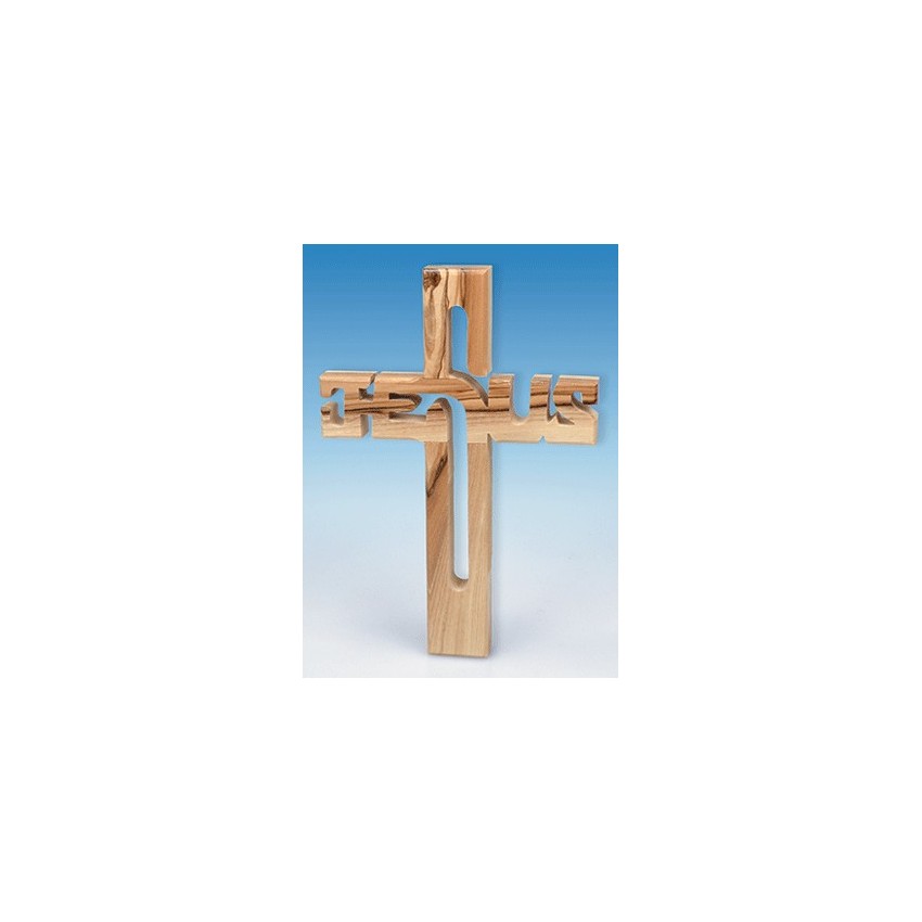 Croix en bois d'olivier avec gravage "Jésus"