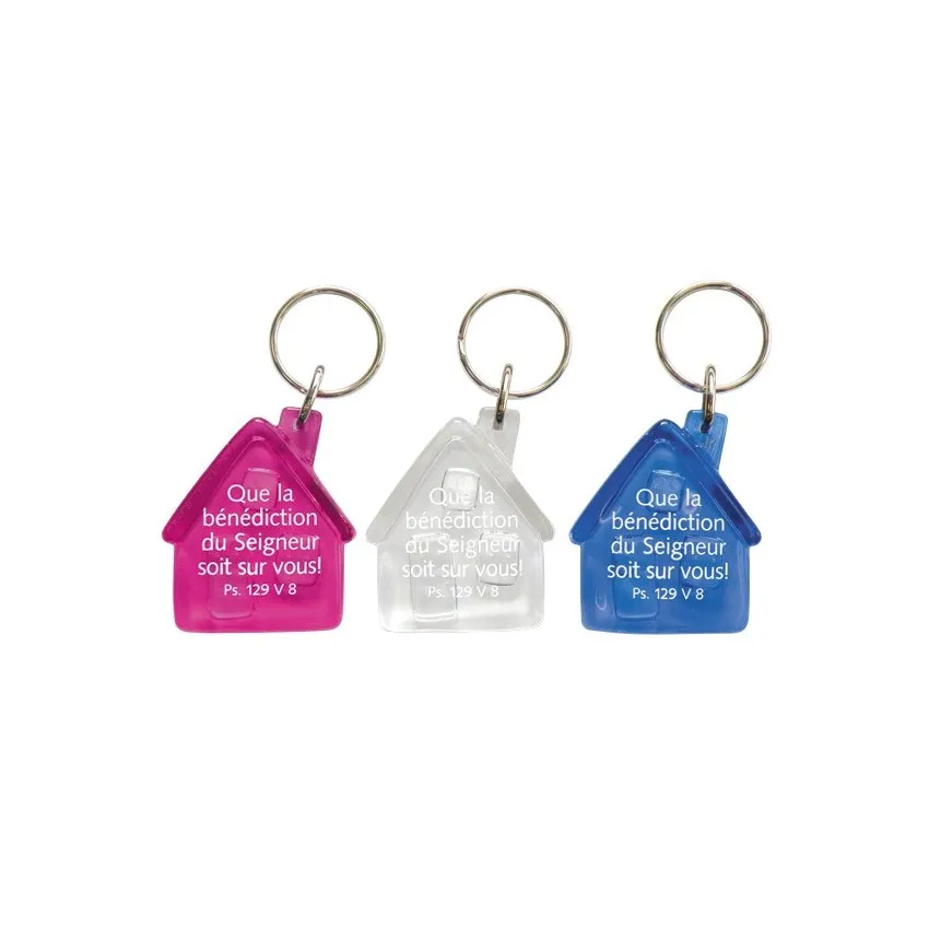 Porte-clés maison « Que la bénédiction…»  Ps. 129.8 - divers coloris : bleu, rose, transparent