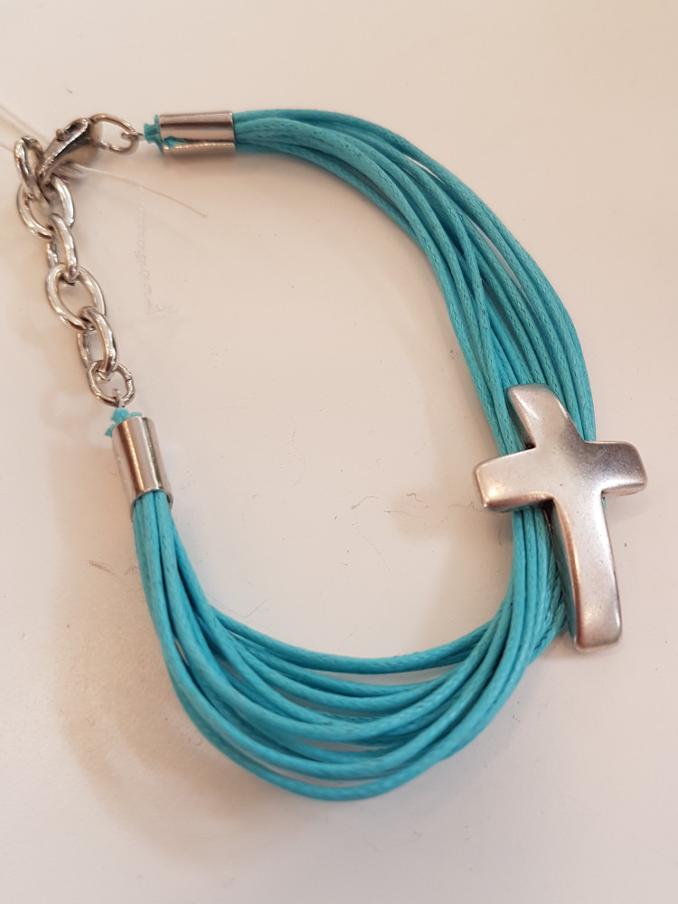 Bracelet en corde + Croix en métal - Turquoise