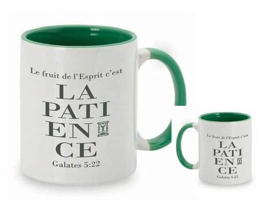 Mug bicolore blanc/vert foncé, "La patience" Galates 5.22